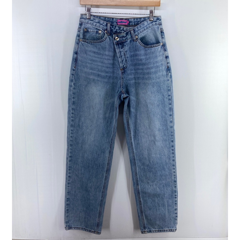 Edikted Blue Denim Crossover Buttonfly Asymmetrical Boyfriend Jeans Women Medium
